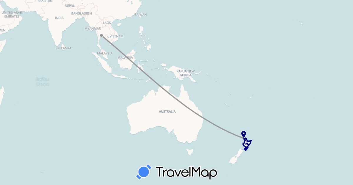 TravelMap itinerary: driving, plane, boat in New Zealand, Thailand (Asia, Oceania)